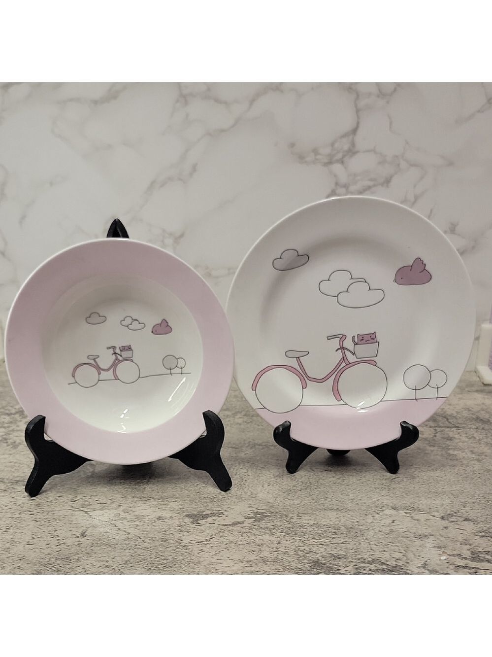 Vintage Sambonet Kids Pink Bike Porcelain bowl & plate 2 piece set